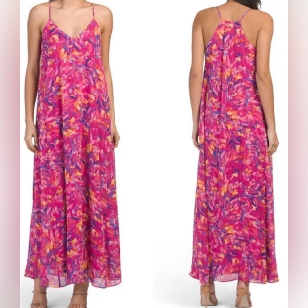 Nicole Miller Sleeveless Pink Floral Maxi Dress with Spaghetti Straps. Size S